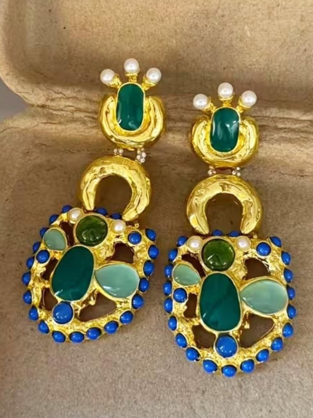 OVER THE TOP GOLDEN FAUX GEMS ITALIAN DESIGNER STATEMENT MAKER EARRINGS N